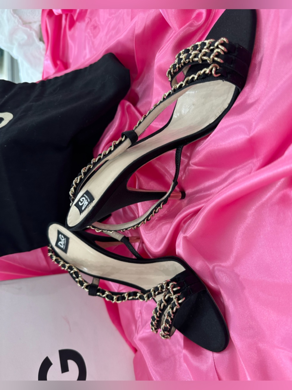 D&G Black Heeled Slingbacks with Gold Chain Trim